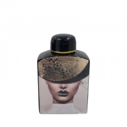CERAMIC JAR WITH LID SMALL WOMAN WITH BLACK/GOLD HAT & FISH - 16.5x9.5x25cm